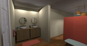 Vue 3 D du projet d'aménagement de la salle de bain de la chambre parentale créée par la déco d'elise